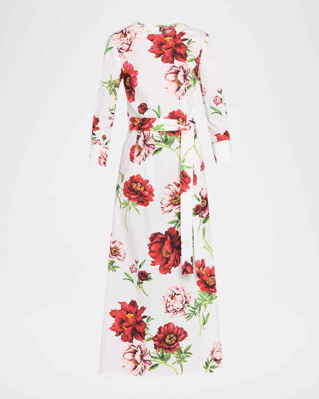 Peony-Print Poplin 3/4-Sleeve Midi Day Dress